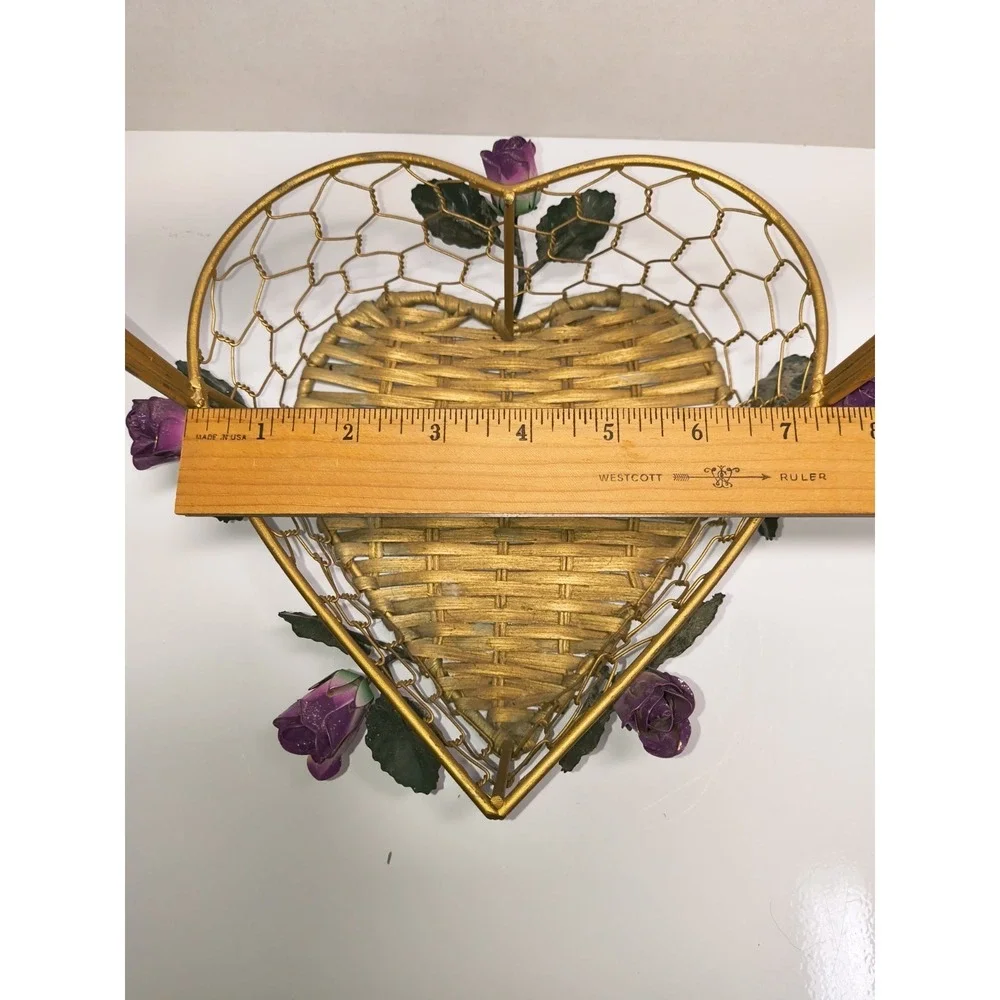 Gold Metal Heart Shaped Basket‎ Purple Roses Wicker Bottom ~Display Storage Gift